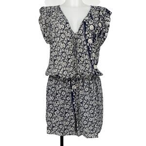 Gypsy 05 Romper Large Navy Blue White Mixed Print Floral Lace Up Beaded NEW BOHO
